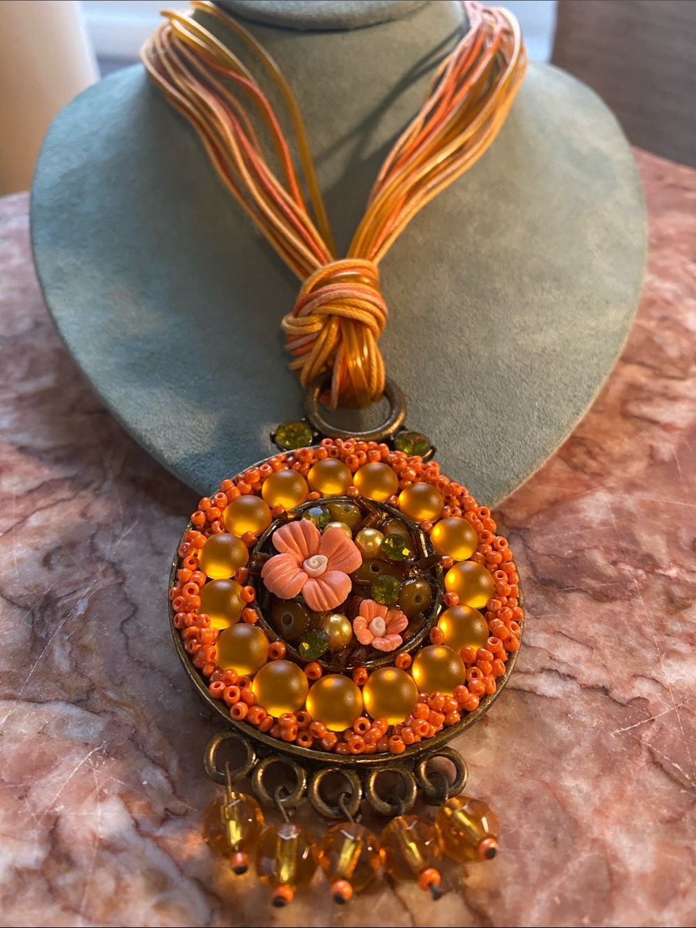 Artisan Boho Statement Pendant Necklace Orange Beaded Floral Medallion & Cord